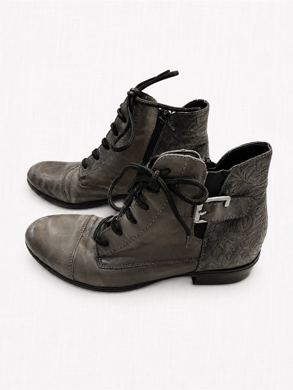 Remonte Gray Lace-Up Ankle Booties with Buckle Accent